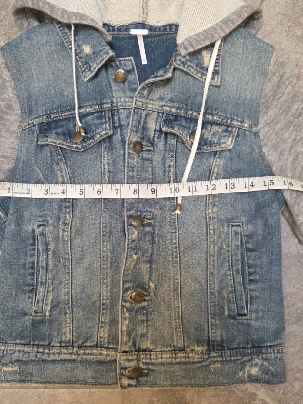 Free People Womens sml Distressed Denim Hoodie Jacket Grey Knit Sleeves Trendy - Picture 7 of 8